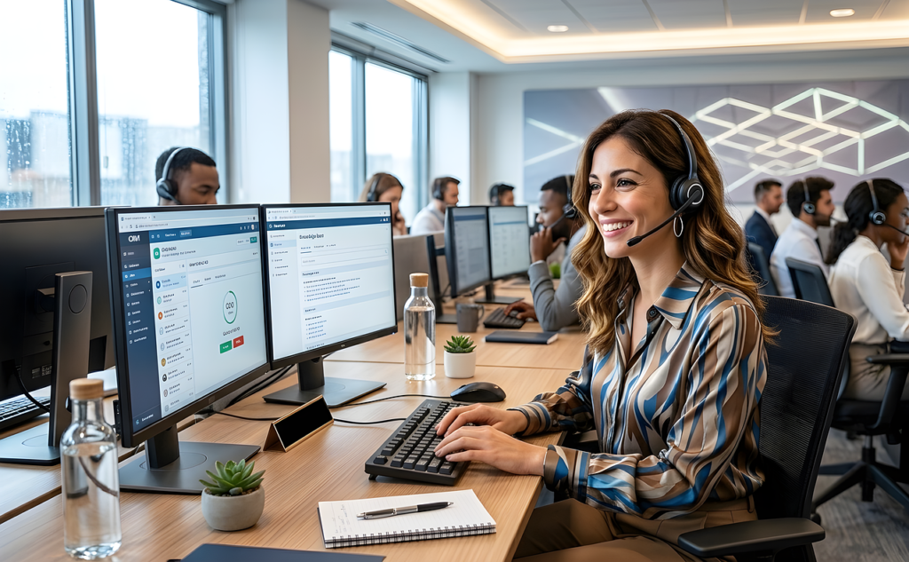 woman, office, work, desk, business, workplace, write, monitor, computer, screen, office work, headset, hotline, call center, communication, service, consulting, secretary, laugh, friendly, ai generated